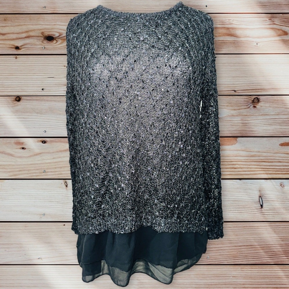 F1 John Fashion sequin sweater black sheer open back medium women's - Picture 1 of 6